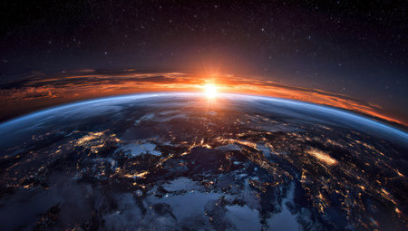 A stunning visual of planet Earth from space showcases a vibrant sunrise. The composition highlights the curvature of the planet with visible continents illuminated by city lights. The atmosphere displays shades of blue, orange, and gold, suggesting a daytime scene suitable for scientific, educational, and design applications.の素材
