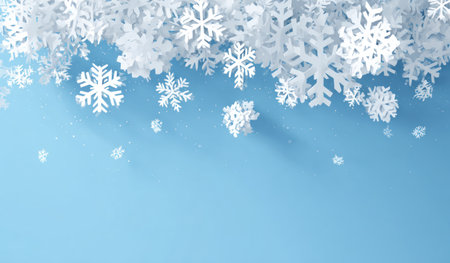 A collection of white snowflakes is arranged against a gradient blue background. The image presents a clean and crisp look, emphasizing the delicate details of the snowflakes. It suggests a winter theme, possibly suitable for promotional materials, holiday cards, or seasonal advertising campaigns. The composition offers ample copy space.の素材