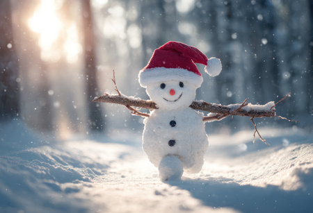 A snowman stands in a snow-covered environment, adorned with a red hat and twig arms. The scene exhibits soft focus and a blurred background, suggesting a winter setting with natural sunlight. This image could be used for various commercial projects related to winter themes or seasonal promotions.の素材