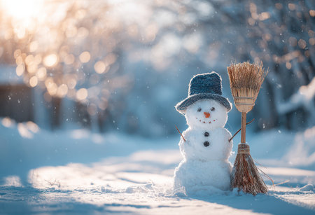 A snowman stands in a snow-covered landscape, accompanied by a broom. The scene is illuminated by soft sunlight creating a blurred background. The image has a whimsical and inviting feel, lending itself to various uses, from seasonal greeting cards to decorative materials.の素材