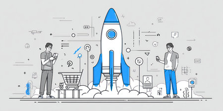 An illustration depicts a rocket launch with accompanying digital connections and people interacting. The image features a monochromatic color palette with blue accents, and a clean vector style. It suggests concepts of growth, technology, and business development. Suitable for various commercial and editorial applications.の素材