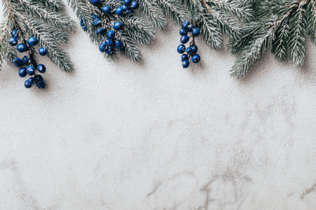 This image presents a close-up of frosty evergreen branches adorned with vibrant blue berries. The composition features a clean, white marble backdrop, suggesting an indoor setting. The overhead lighting enhances the textures and details. Ideal for festive designs or seasonal promotions, this visual could be used in various commercial applications.の素材