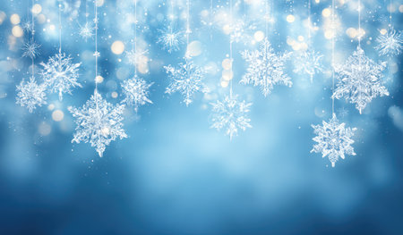Intricate snowflake ornaments hang gracefully against a soft, blurred backdrop of blue hues. The image showcases shimmering lights and delicate details, suggesting a festive ambiance. This visual could be used for various design projects, including holiday cards and website backgrounds, offering a serene and wintery feel.の素材