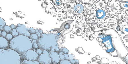 An illustration depicts a hand spraying social media icons from a can. A rocket blasts through cloud formations with various digital icons. The image utilizes a limited color palette with shades of blue and gray and a sketched style. Suitable for commercial and editorial applications, showcasing concepts such as communication and connectivity.の素材