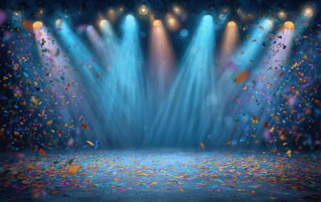 An illuminated stage with spotlights radiates beams of light over a confetti-filled foreground. The composition features a symmetrical arrangement with multiple light sources and colorful particles. This vibrant visual could be suitable for promotional materials, website backgrounds, and various celebratory themes.の素材