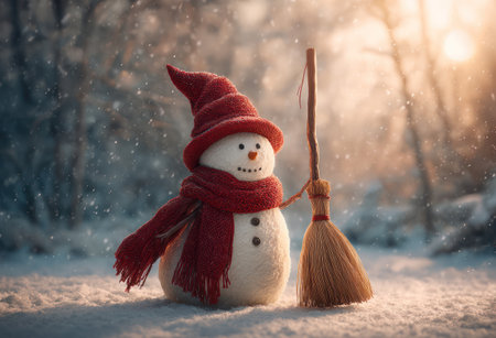 A snowman dressed in a red hat and scarf stands holding a broom in a snowy environment. The image features soft lighting and a blurred background suggesting a winter day. The composition is centered, and the snowman is the primary focus. Suitable for seasonal projects and various editorial contexts.の素材