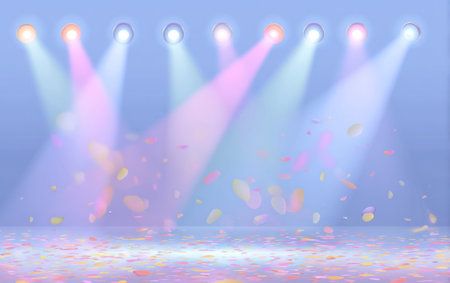 The illustration depicts a stage with overhead spotlights casting colorful beams onto confetti. The composition features a gradient backdrop and a reflective surface. This visual would be suitable for event promotion, celebration themes, or creative design projects. The bright colors and lighting create a dynamic and engaging image.の素材