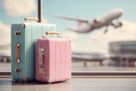 Two suitcases sit near a window overlooking an airport runway, with a plane taking off in the distance. The luggage pieces have pastel colors and textured surfaces, and the composition has shallow depth of field. This image could be suitable for illustrating themes related to travel, vacations, or tourism in various commercial applications.の素材