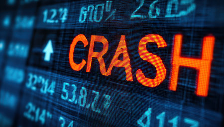 A close-up view presents the word "CRASH" in bold, orange lettering against a blue digital display. Numerical data and percentages are visible, suggesting financial information. The composition utilizes shallow depth of field, with soft lighting and a focus on the central subject. This image may be suitable for illustrating economic instability or financial news.の素材