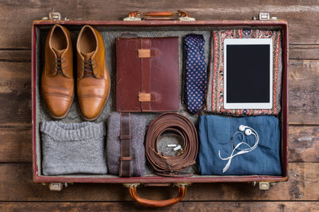 An open suitcase displays a curated collection of clothing and accessories. It contains leather shoes, a briefcase, tie, and a tablet. The scene also includes a sweater, a belt, and other items. The composition is arranged against a backdrop of a wooden surface, suggesting travel. This image is suitable for various commercial uses.の素材