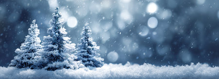 This image showcases frosted evergreen trees in a winter scene, accented by falling snow and bokeh lights. The composition highlights a cool color palette with various shades of blue and white, and suggests a festive or seasonal setting. Suitable for use in a variety of commercial or editorial applications.の素材