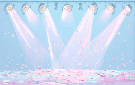 Image shows a stage with several spotlights illuminating the space, highlighting colorful confetti floating in the air. The scene incorporates soft, pastel colors creating a festive and visually engaging atmosphere. The illustration can be used for promotional material, design templates, and various creative projects.の素材
