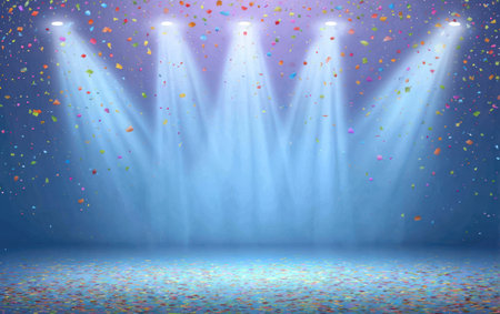 A stage is highlighted by several powerful spotlights. The scene is filled with a shower of colorful confetti against a gradient blue backdrop. The visual style is digitally rendered with strong lighting effects. This image is suitable for commercial uses, such as presentations or advertisements for events.の素材