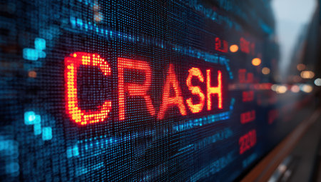 The image features the word "CRASH" in red illuminated letters on a digital screen. It conveys a financial crisis and economic downturn. The composition highlights a sharp focus on the message. Suitable for editorial illustrations on finance and economy, the visual portrays a sense of urgency.の素材