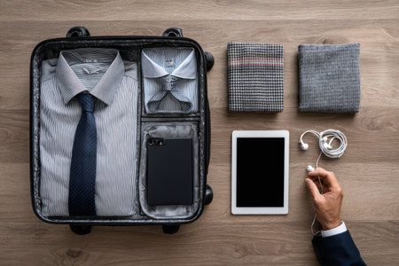 An open suitcase filled with folded shirt and tie, with additional accessories displayed on a wooden surface. These include a tablet, headphones, and folded pocket squares. The scene features overhead lighting, a minimalist composition, and a neutral color palette. The image is suitable for business, travel, and lifestyle concepts.の素材
