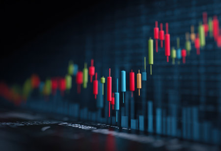 An illustrative depiction of a financial market graph. The image showcases colorful candlestick charts against a dark background, suggesting a digital environment. Its composition and color palette offer potential use for financial reports, presentations, or educational content related to investments and trading.の素材