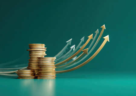 A pile of gold coins is depicted beside a series of rising arrows against a dark turquoise backdrop. The image utilizes a shallow depth of field, with soft lighting and a focus on the coins and arrows. This visual could be useful in illustrating concepts of investment, market trends, or business development.の素材