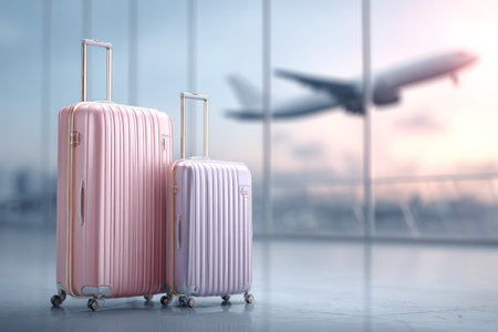 Two suitcases with telescoping handles are shown, poised for an international journey. The luggage pieces display pastel shades of pink and lavender. The backdrop features a blurred airplane taking off from the airport. This image may be appropriate for travel-related promotions and visual content.の素材