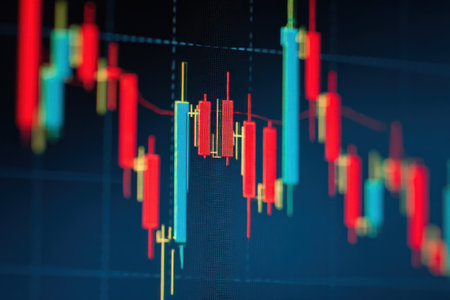 Abstract visual of a financial trading chart with red and green bars against a dark background. The image displays market fluctuations and economic trends. Its composition emphasizes a dynamic pattern, offering potential applications for business reports and editorial content.の素材
