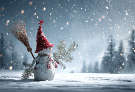 A snowman stands in a snow-covered landscape, holding a broom and a sprig of greenery. The scene is illuminated by soft light, suggesting a winter night, with a backdrop of a blurred forest under a starry sky. This image is suitable for a variety of seasonal designs or editorial uses.の素材