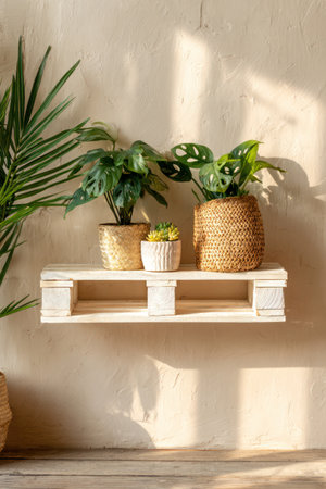 The image features three potted plants arranged on a wooden shelf. The plants are set against a textured, light-colored wall. Warm sunlight casts shadows and highlights the textures of the plants and shelf. The composition presents a clean, simple aesthetic suitable for various design projects.の素材