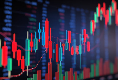 An image displays colorful stock market charts, visualizing financial data with dynamic trends. The visual consists of bars and lines in red, green, and blue hues. The composition may represent economic fluctuations, suitable for business presentations or editorial content related to finance and investment.の素材