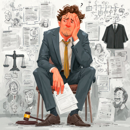 An illustration depicts a man in a suit, appearing stressed and surrounded by papers and drawings. The artwork employs a cartoon style with a limited color palette, mainly blues, tans and yellows. This visual can be utilized for editorial content or for commercial projects dealing with stress, business, and legal issues.の素材