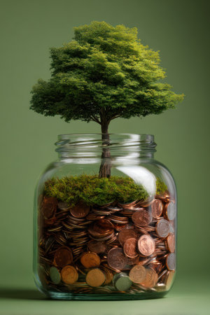 An image showcases a tree flourishing inside a clear glass jar filled with coins, symbolizing prosperity. The composition displays lush green foliage and various brown coins, set against a blurred green backdrop. This conceptual illustration can be used in marketing, financial articles, or other commercial projects highlighting investment or savings.の素材