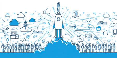 A vector illustration depicts a rocket launch surrounded by various interconnected icons and a crowd of people at the base. The image uses a cool blue and white color palette, with a clean and modern design. It's suitable for representing concepts related to innovation, technology, or business.の素材