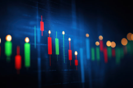 This image showcases financial trading charts, depicting candlestick patterns in shades of green and red. The composition features a shallow depth of field, with soft bokeh lights adding visual interest. This graphical representation is suitable for various commercial purposes, including articles and presentations related to finance.の素材