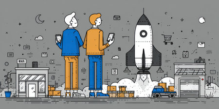 An illustration depicts two individuals observing a rocket launch, accompanied by delivery truck, shop and shopping cart elements. The style features line art and limited colors, dominated by gray, blue, and orange tones. This image could be used for topics related to business, logistics, and innovation purposes.の素材