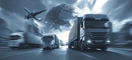 This image depicts trucks and an airplane, suggesting global transportation and logistics. The composition features blurred motion effects, with cool tones dominating the scene. It evokes concepts of global trade and supply chain operations, suitable for commercial projects.の素材