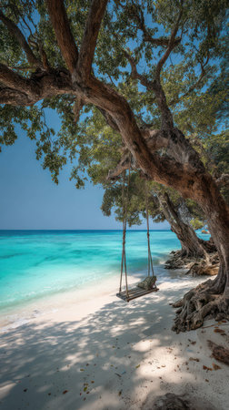 A wooden swing hangs from the branches of a large tree, overlooking a pristine beach and vibrant turquoise ocean. The composition features sandy textures, lush foliage, and a bright blue sky, creating a serene environment. This image is suitable for various commercial uses related to travel, relaxation, and nature.の素材