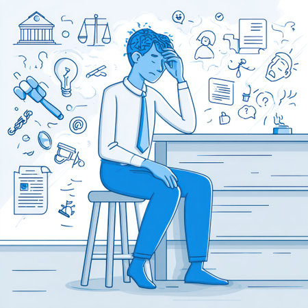 An illustration depicts a person seated at a desk, appearing stressed. Surrounding the individual are various thought bubbles with icons representing business and legal concepts. The artwork uses a blue and white color scheme with a clean, vector style, suitable for various editorial applications.の素材