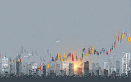 This image showcases a city skyline interwoven with a financial market graph. The composition uses cool tones, emphasizing a sense of data and information. The lighting is bright in the center and fading at the edges. This could be useful in illustrating business reports and financial publications.の素材