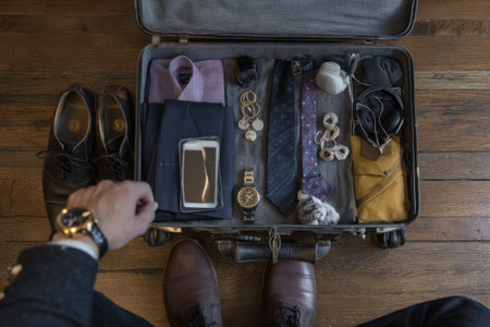 An open suitcase filled with various clothing items, accessories, and a smartphone is displayed. The composition shows different colors and textures of garments and personal items. The overhead perspective provides a clear view, possibly suitable for commercial and editorial applications. It is set on a wooden floor.の素材