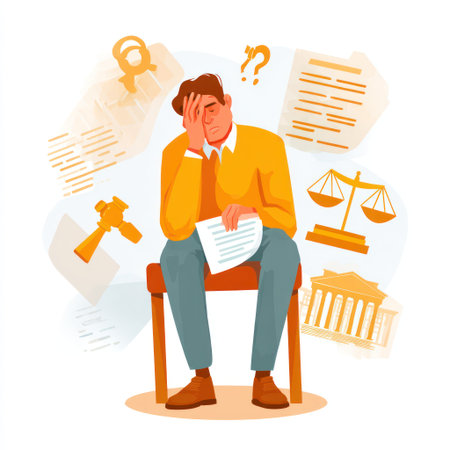 An illustration depicts a person sitting on a stool, head in hand, surrounded by abstract law-related symbols. The visual style is vector-based with soft colors and clean lines. The composition suggests a symbolic representation. This image is suitable for various commercial uses, including legal, business, and educational materials.の素材