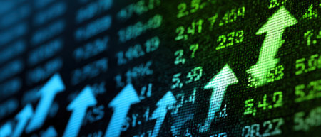 This image presents financial data on a screen, with green and blue upward arrows suggesting growth. The visual features display numbers and colors, creating a sense of movement. Suitable for commercial uses, the image can be used to illustrate finance, economics or business.の素材