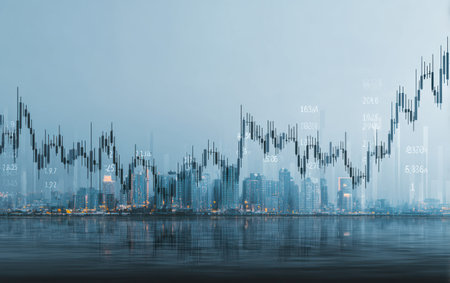 An image displays a financial graph superimposed over a cityscape, illustrating economic activity. The composition uses cool tones and soft focus, with a hazy atmosphere. The visual arrangement suggests growth and volatility within an urban setting. Suitable for financial publications, business presentations, or commercial marketing materials.の素材