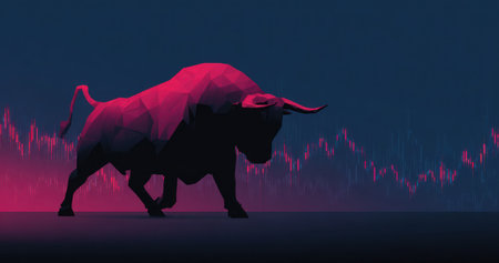 A dark, stylized depiction features a bull silhouetted against a blurred chart, suggesting financial concepts. The image uses a dark color palette with deep blues and vivid pink accents, focusing on contrast and graphic impact. Suitable for commercial applications where financial themes are pertinent, the image utilizes symbolic visual language.の素材