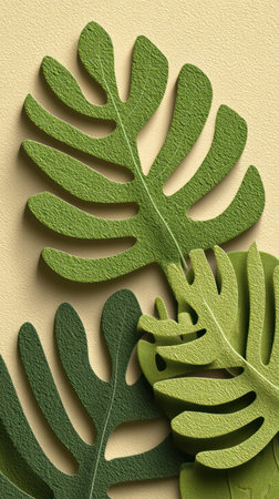 This image showcases several stylized green leaves, possibly monstera, against a textured beige backdrop. The composition features a close-up view with varying shades of green, suggesting depth and dimension. It could be suitable for decorative designs, educational materials, or use in various commercial projects.の素材