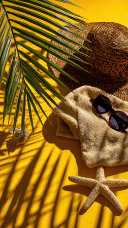 A composition featuring beach items rests upon a vibrant yellow surface. A straw hat, sunglasses, a towel, and a starfish are visible. The scene is illuminated by strong sunlight, casting shadows from a palm leaf. This image could be used for promoting travel or leisure activities.の素材