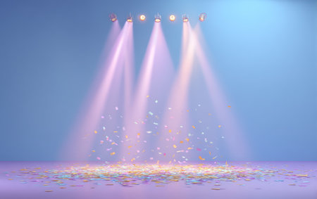 Bright spotlights cast illumination over scattered confetti. The composition features a gradient background and soft lighting, creating a stylized aesthetic. This image is suited for diverse commercial purposes, including use in advertising and as a background element for digital media.の素材