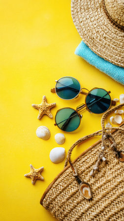 An overhead shot showcases vacation items like sunglasses, a straw hat, and seashells against a bright yellow background. The composition includes a woven bag and starfish. The lighting is bright and even. This image could be used for lifestyle blogs, travel promotions, or advertising materials.の素材