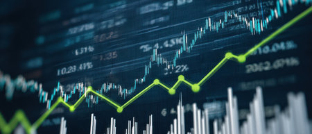 An image showcases a stock market graph, displaying fluctuating trends represented by lines and data. The dominant color palette is dark, accented by a bright green line illustrating upward movement. The composition may be suitable for financial news, business reports, or concepts related to investment and market analysis.の素材