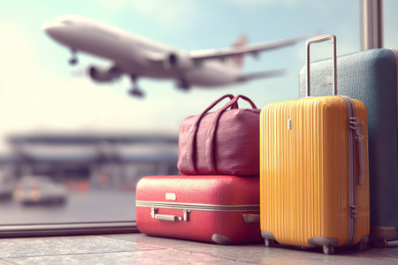 Suitcases and a travel bag are arranged near a window with an airplane taking off in the background. The scene features a modern aesthetic with bright colors and blurred elements suggesting movement. This image could be used for illustrating travel, tourism, or vacation related projects and articles.の素材