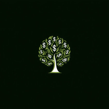 A symbolic image displays a stylized tree with leaves replaced by dollar signs. The composition features a dark green backdrop highlighting the tree's form. The design may represent financial concepts like growth, investment, and prosperity. It's suitable for various financial or business-related visual projects.の素材