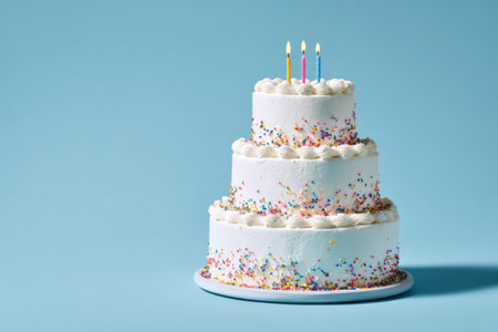 A three-layered cake, adorned with colorful sprinkles, is set against a solid light blue backdrop. Three lit candles add a celebratory touch. The image showcases the dessert from a medium distance, with soft lighting enhancing the textures. Suitable for illustrating events or concepts related to celebrations.の素材