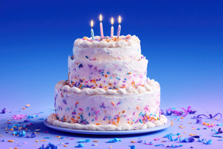 A three-layered cake is centered against a vibrant gradient background with lit candles. The cake features white frosting and colorful sprinkles. The composition is well-lit, highlighting the textures and details. This image is suitable for commercial uses, including advertisements, or celebratory themed projects.の素材