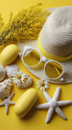 A vibrant summer still life showcases a straw hat, sunglasses, seashells, and flowers set against a bright yellow backdrop. The composition features a natural aesthetic with soft lighting and a shallow depth of field. This image would be suitable for various commercial uses, including advertising and editorial content.の素材